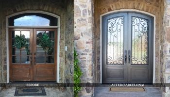 Custom residential iron entry doors before and after comparison
