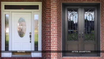 Custom residential iron entry doors before and after comparison